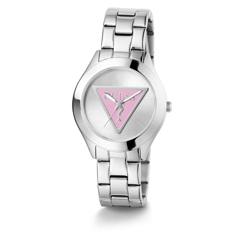 Reloj Guess de mujer Tri plaque color plata con logo rosa
