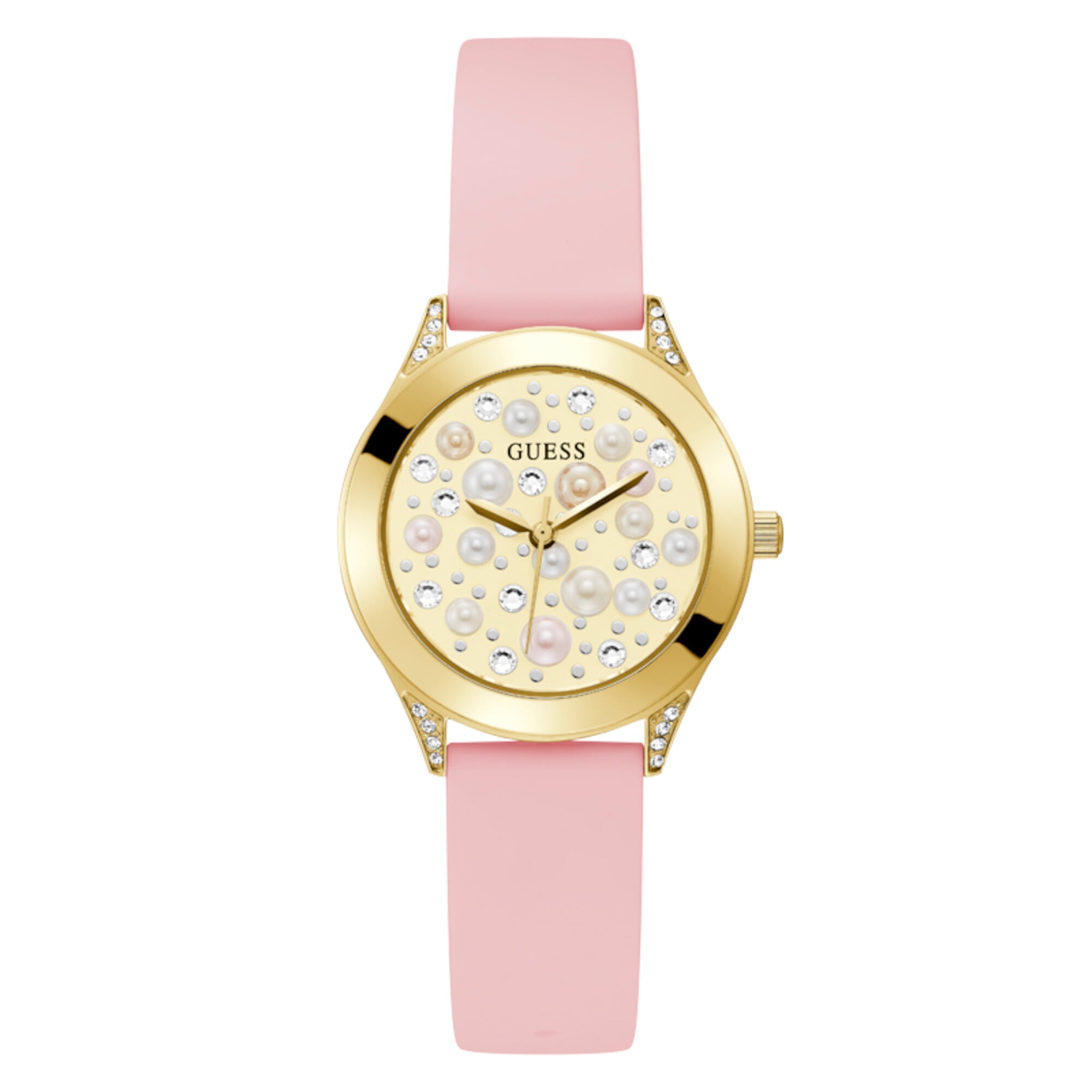 Kit de reloj + collar para dama marca Guess color rosa con dorado