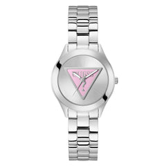 Reloj Guess de mujer Tri plaque color plata con logo rosa