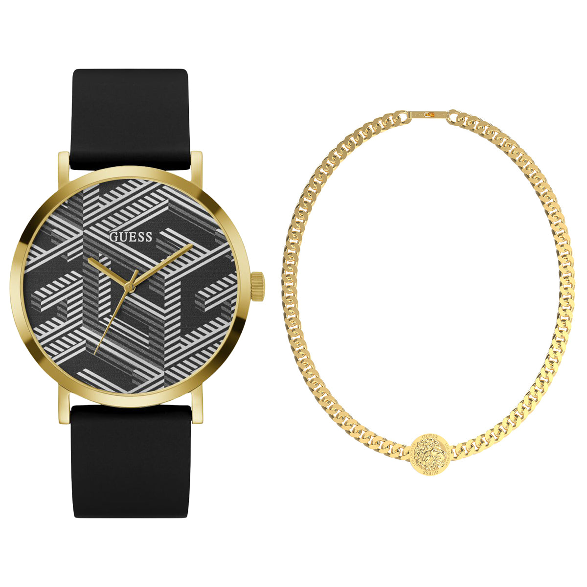 Kit de Reloj y collar Guess para Caballero en tono negro con dorado